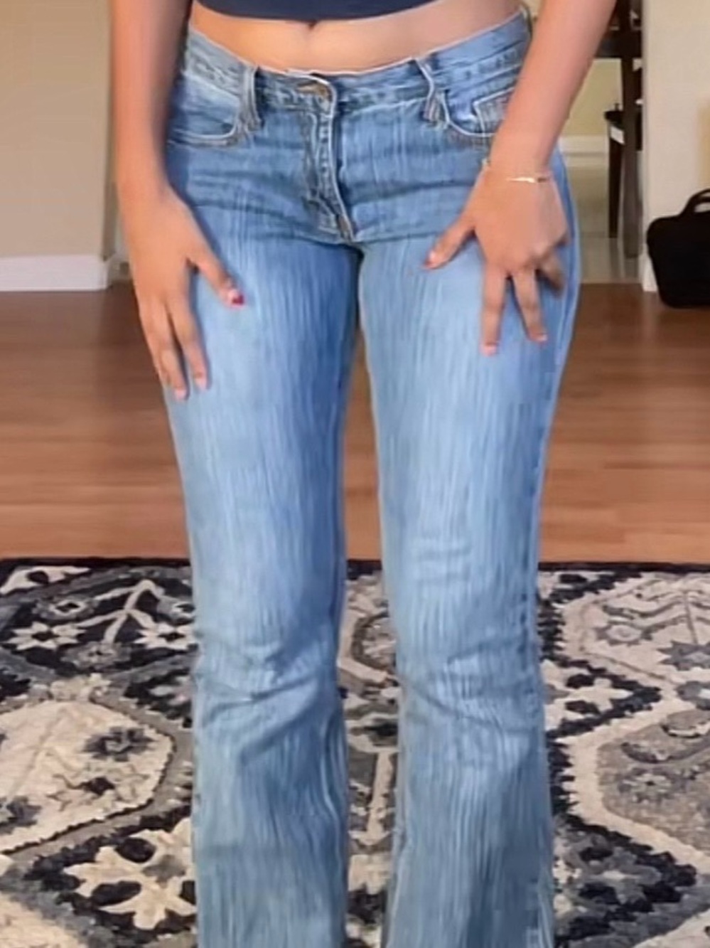 Brandy Melville Vertical-Texture Low-Rise Flare Jeans — Blue Denim